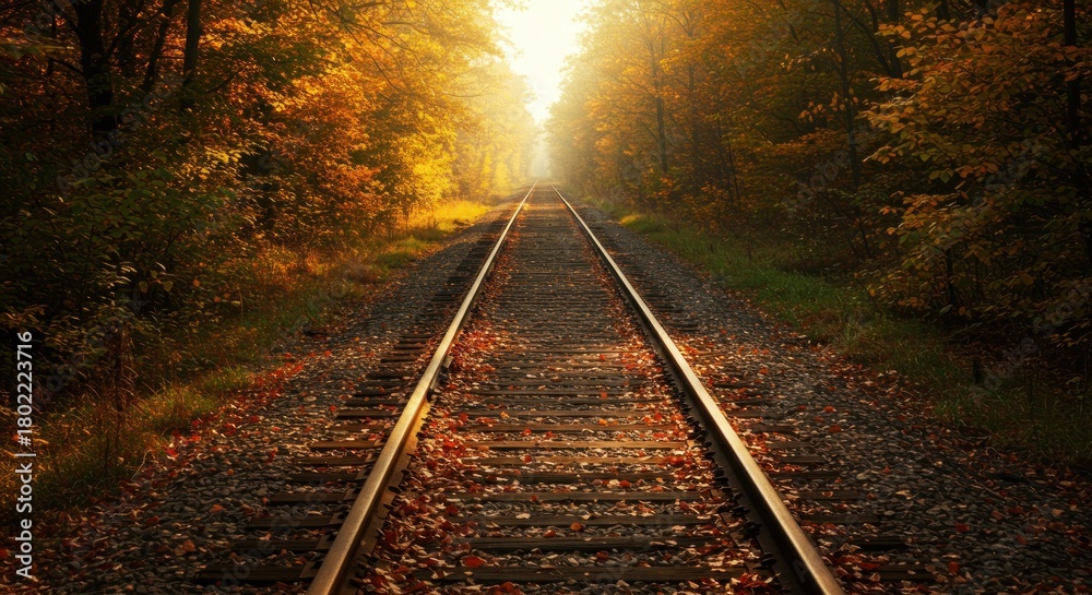 Fototapeta premium Railroad tracks lined with autumn trees leading into a bright horizon