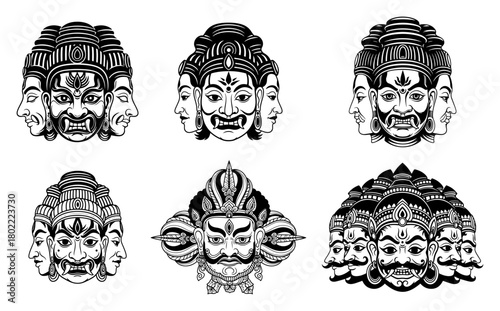 Ravana ten headed demon king mask set. Hindu mythology character vector illustration from Ramayana epic.