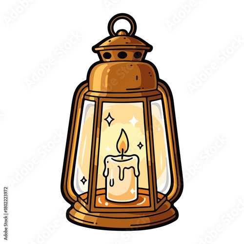 Vintage Brass Lantern With Candle Cute Cartoon Vector Illustration