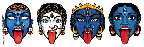 Kali Goddess Face Icons Row Vector Set For Tattoo Sticker And Esports Mascot
