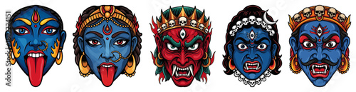 Kali Goddess Faces Set Detailed Vector Mascot Illustrations For Stickers And Tattoos