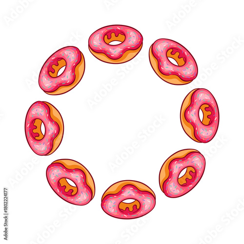 Wreath with pink glaze donut and sprinkles in cartoon. Simple design for bakery card isolated on white background.