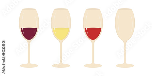 Classic Wineglasses with Various wine types Burgundy White rose and Empty Goblet Minimal Flat Design. Isolated Vector illustration Wine Themed Menu Cards Party Invite Banner, leaflet, label, price tag