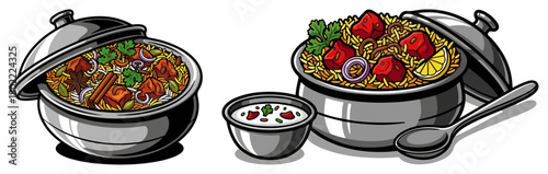 Indian food dishes vector illustration. Chicken Biryani and curry in traditional pots with raita.
