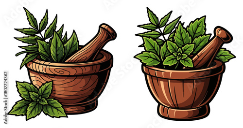 Ayurvedic Herbal Mortar And Pestle Vector Set With Fresh Leaves Illustration