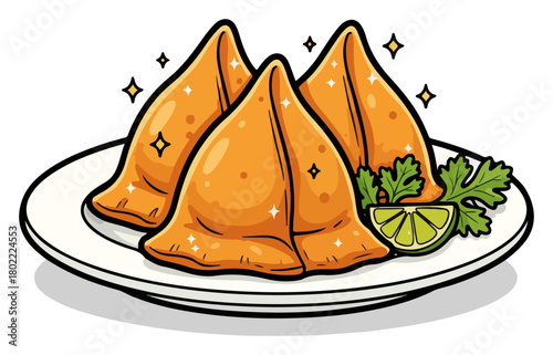 Delicious Indian samosas on a plate. Colorful cartoon vector illustration of a traditional asian snack.