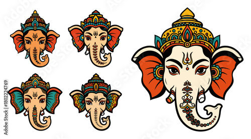 Lord Ganesha Head Vector Set Colorful Ornate Hindu Elephant God Illustrations