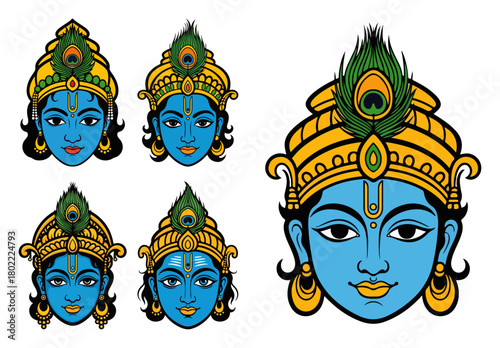 Lord Krishna Head Vector Set Colorful Hindu God Face with Peacock Feather