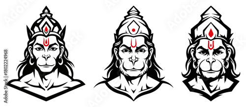 Lord Hanuman head vector illustration set. Hindu monkey god face for logo and emblem design.