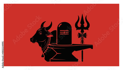 Shiva Lingam with Nandi Bull and Trishul Trident Hindu God Mahadev Symbols