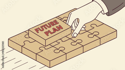 Hand placing a future plan puzzle piece on a larger puzzle board to complete the strategy design