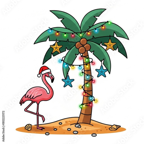 Festive flamingo wearing Santa hat next to decorated palm tree with starfish ornaments and Christmas lights, bringing tropical holiday cheer