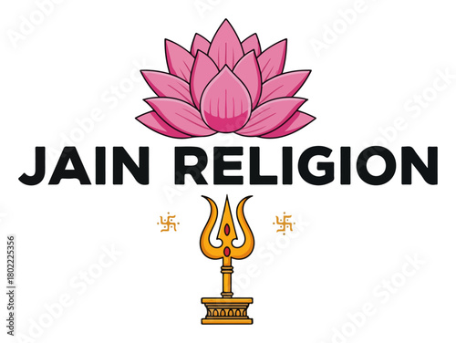 Jain Religion Typography With Lotus And Trishul Sacred Emblem Vector Design