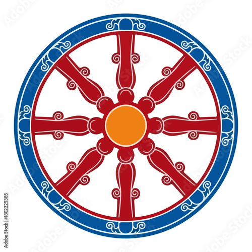 Dharmachakra Buddhist Wheel Of Dharma Emblem Colored Vector Symbol