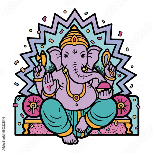 Colorful Lord Ganesha in retro pop art style. Hindu god vector for sticker and poster design.