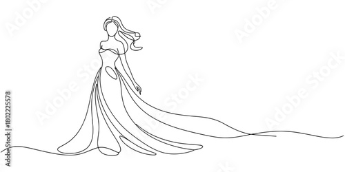 an elegant woman in a long flowing gown, symbolizing fashion, beauty, grace, and artistic minimalism.
