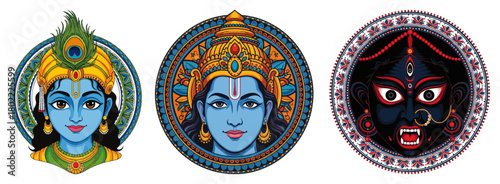 Hindu Deities Vector Icon Set with Krishna Rama and Kali Faces