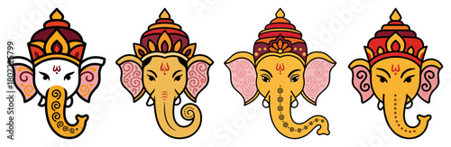 Ganesha Cute Elephant God Heads Set Cartoon Vector Icons With Ornamental Crown