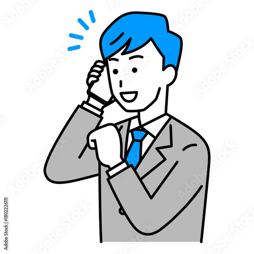 スマートフォンでの通話で喜ぶスーツの男性