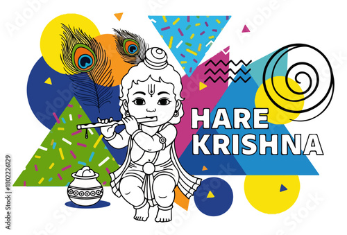 Baby Krishna on Colorful Abstract Memphis Background Hare Krishna Mantra Vector Art