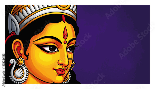 Durga Goddess Face Portrait Indian Devi With Jewelry Colorful Vector Illustration