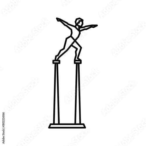 Line art illustration of a person balancing on tall stilts, demonstrating equilibrium, skill, careful risk, and challenge.