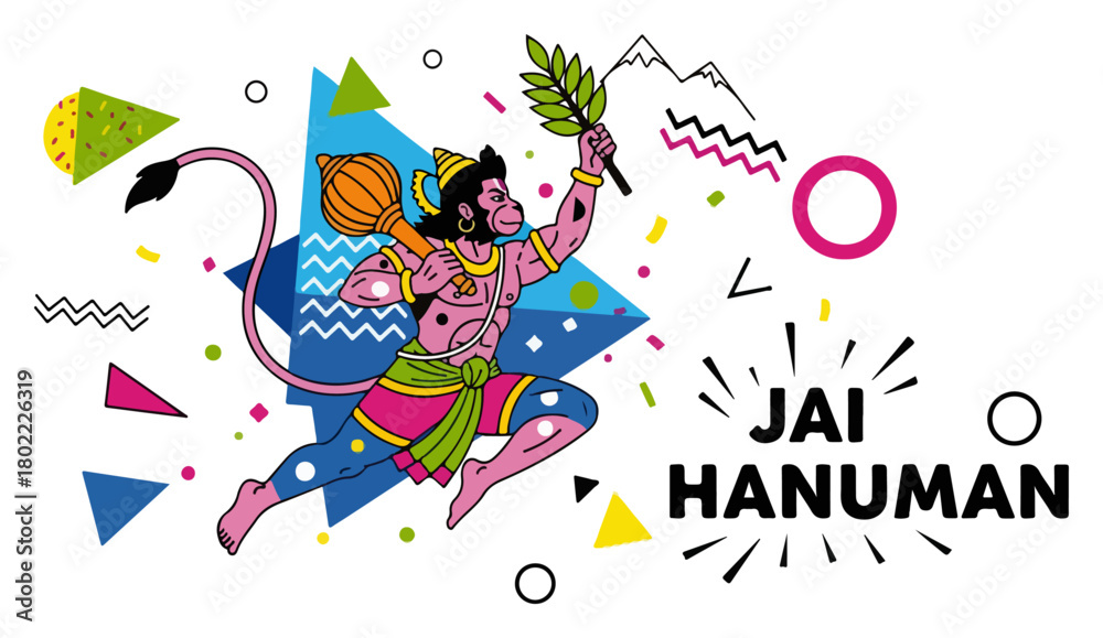 Fototapeta premium Lord Hanuman on Colorful Abstract Memphis Background Jai Hanuman Slogan Vector Illustration