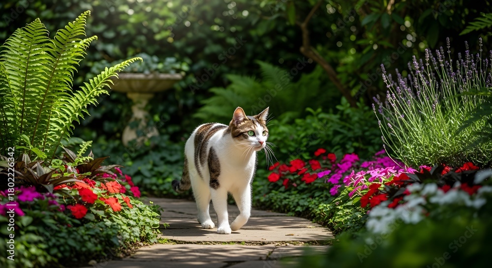 Obraz premium Cat in Sunlit Green Garden