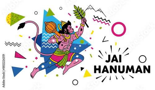 Lord Hanuman on Colorful Abstract Memphis Background Jai Hanuman Slogan Vector Illustration