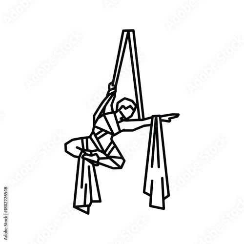Dynamic minimalist line art illustration of a person performing complex aerial silks routine, embodying strength, grace, and flexibility.