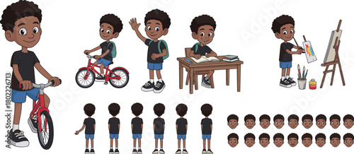 Cute cartoon African American boy character set riding bike, waving, studying, painting, with multiple poses and expressions for kids illustrations.