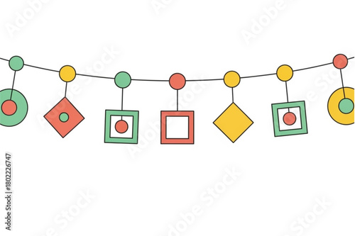 Festive geometric garland decorations for celebrations, parties and events with colorful shapes and modern design hanging to bring joy, happiness, and fun