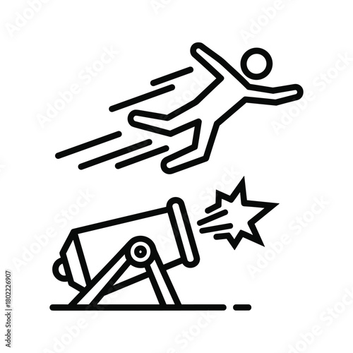 Human cannonball outline icon showing a stick figure being launched from a cannon with speed lines