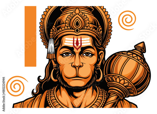 Powerful Lord Hanuman Portrait Vector Illustration Hindu God Mascot with Mace