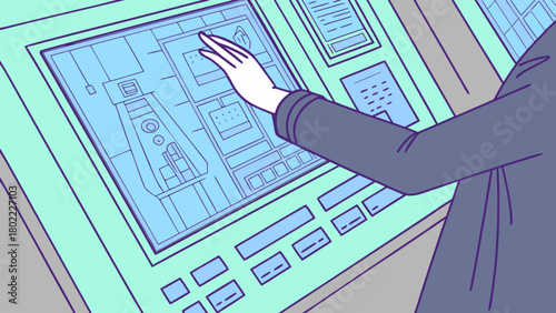 Person interacting with a large control panel featuring various screens and button interfaces shown