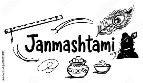 Janmashtami Festival Doodle Banner With Flute Peacock Feather And Matki Line Art Vector