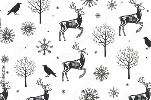 Enchanting winter pattern featuring skeletal deer, crows, and snowflakes offering a unique and captivating seasonal aesthetic for creative projects
