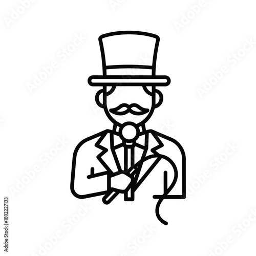 Elegant gentleman with top hat and mustache in sophisticated line art icon design, ideal for magic, vintage, and entertainment.