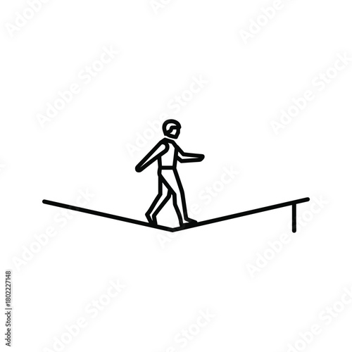Balancing act on a tightrope path, minimalist line art icon symbolizing challenge, risk, precision, and focus.