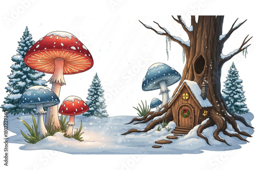 Enchanting winter wonderland scene with whimsical mushroom houses and snow-covered fir trees, perfect for fairy tales and holiday magic illustrations