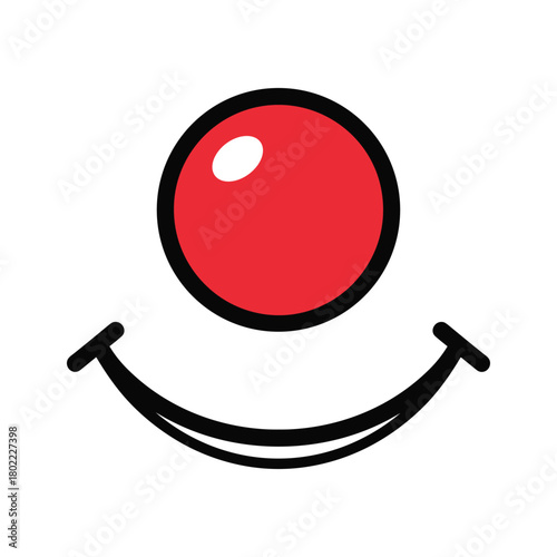 Minimalist red clown nose and black smiling mouth illustration. whimsical graphic symbolizing joy, humor, and entertainment.