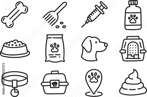 Hand Drawn Pet Care and Veterinary Line Icons for Animals, Supplies and Grooming