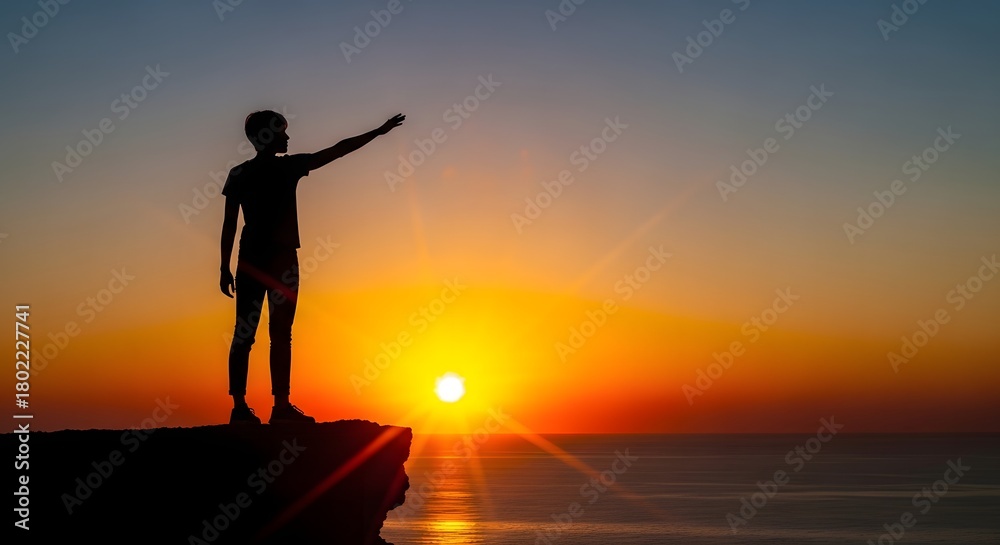 Fototapeta premium Silhouette of a Person Standing on a Cliff at Sunset