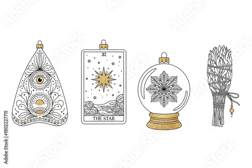 Enchanting gold holiday ornaments featuring mystical symbols, a tarot card, sage bundle, and snow globe, creating magical Christmas vibes