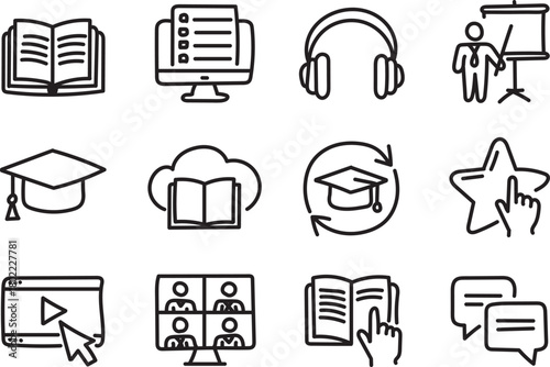 Hand Drawn E-Learning and Digital Education Line Icons for Training and Study Tools