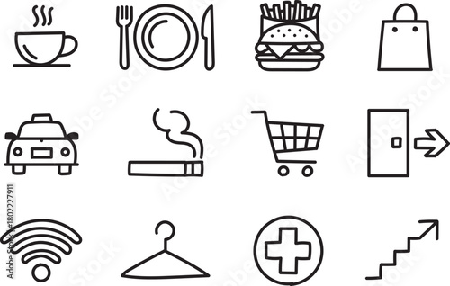 Hand Drawn Hospitality and Facility Line Icons for Services and Amenities