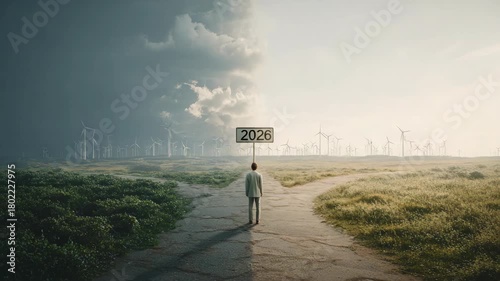 Man facing forked path in 2026 symbolizing environmental choices and future direction