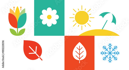 Graphic illustration depicting the four seasons with colorful icons representing spring summer autumn and winter in a modern flat design style for educational purposes