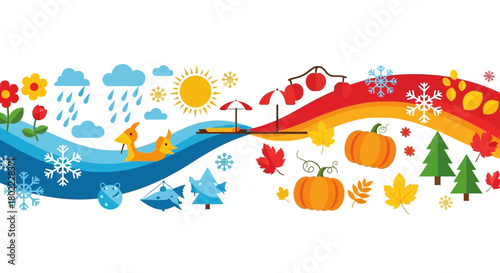 Colorful seasonal illustration showing winter with snow and summer with sun transitioning to autumn with pumpkins and fall leaves in a vibrant and cheerful design