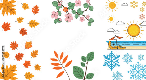Four seasons illustration depicting autumn leaves spring blossoms summer beach scene and winter snowflakes on a white background showcasing the cycle of the year